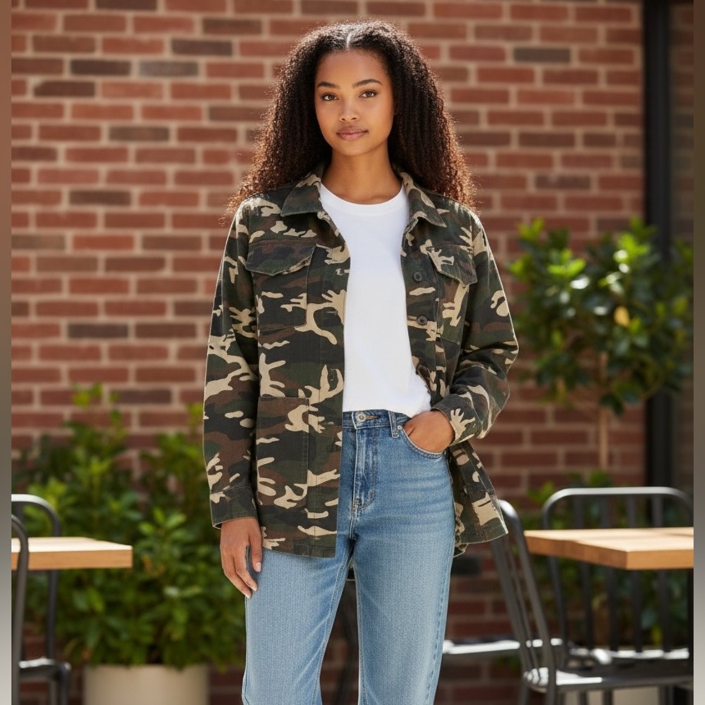 New Sanctuary Green Brown Camouflage Camo Jacket Shacket Button Up Size L